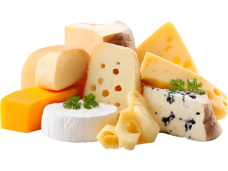 Various cheese selection isolated on transparent background, perfect for dairy, food, and gourmet visuals.