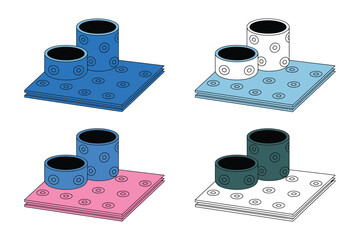 Four different color variations of a desktop organizer set, each featuring two cylindrical containers on a square base with a repeating circular pattern.
