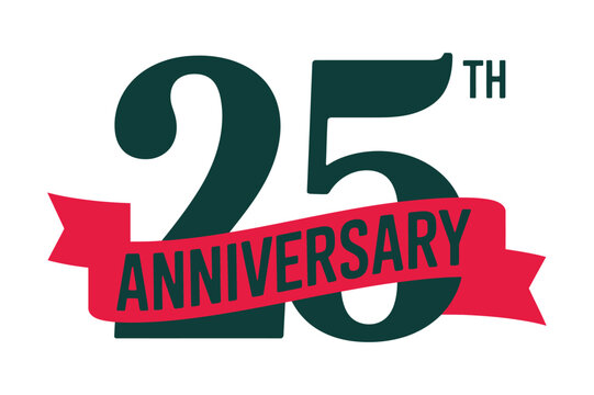 A large number 25 is displayed prominently with a red ribbon across it that reads "ANNIVERSARY" to signify a milestone celebration.