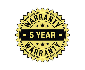 A yellow and black circular badge prominently displays the text "WARRANTY 5 YEAR WARRANTY" in bold lettering, signifying a guarantee of service or product quality for a five-year period.