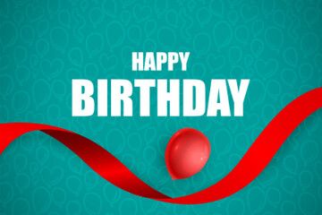 Happy Birthday Greeting Card with Red Ribbon and Balloon on Teal Background