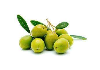 green olives with green leaves isolated on white background.