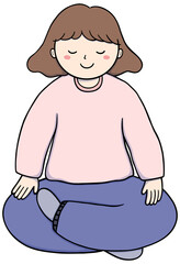 Woman meditating in lotus position.Cartoon girl doing yoga for calm and peaceful mind.Self love treatment