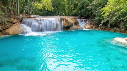 Serene spa experience featuring beautiful waterfall cascading into turquoise pool surrounded by lush greenery, creating tranquil atmosphere for wellness and relaxation therapy in nature