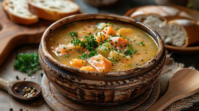 A bowl of vegetable broth with bread and a wooden spoon on a wooden surface top - Powered by Adobe