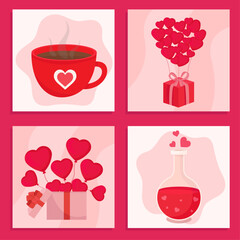 Cute red Valentine's day greeting card romantic mug tea heart balloons presents love vibe