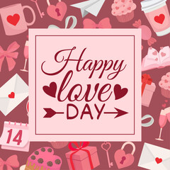 Cute pink Valentine's day greeting card with love elements romantic couple flat illustrations
