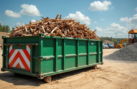 Large green metal skip bin full of wood waste sits at dusty construction site under bright blue sky with white clouds. Waste wood branches collected for eco friendly disposal, recycling on site. - Powered by Adobe