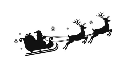 Silhouette of santa claus in a sleigh pulled by reindeer flying through the night sky with snowflakes