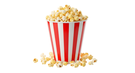 Classic red and white striped bucket overflowing with freshly popped popcorn isolated on transparent background