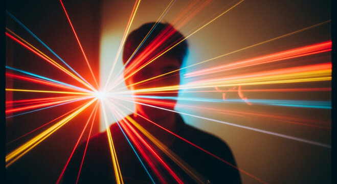 Silhouette of a person with colorful light rays emanating from their head