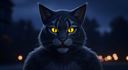 A menacing gray cat with piercing yellow eyes stares intensely into the camera at night in the dark