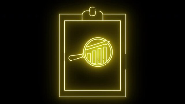 Yellow neon clipboard with a magnifying glass over a rising bar graph and arrow