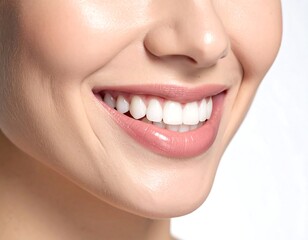 Obraz premium Close-up of a smiling face, showing healthy white teeth and pink lips