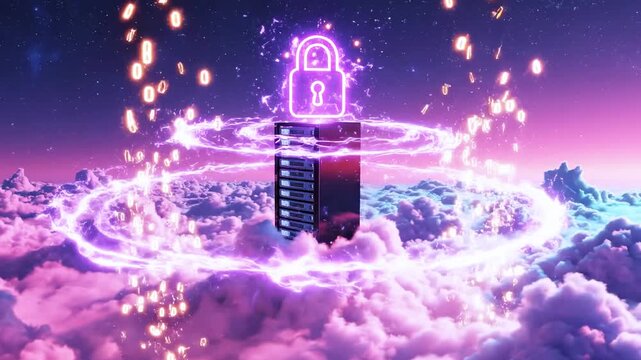 Futuristic digital scene server tower with glowing padlock above clouds and stars