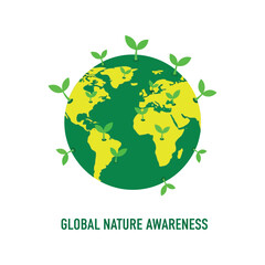 Green sprout growing on planet earth globe for eco friendly concept isolated on white background, Vector