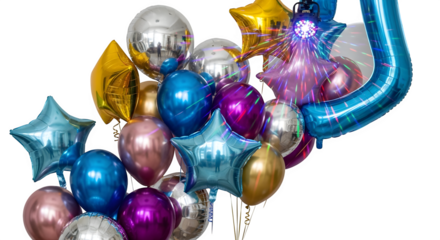 Collection of colorful metallic foil balloons in various shapes including stars and ovals isolated on transparent background