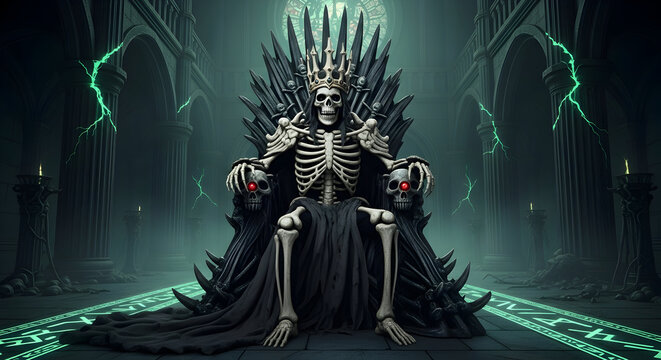 A skeleton king with a crown sitting on a throne with skulls in a dark and ominous castle hall