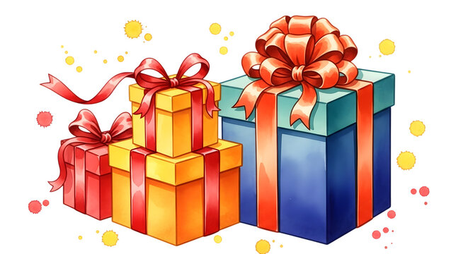 A collection of colorful gift boxes with red ribbons, artistically rendered with watercolor splashes and a transparent background