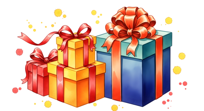 A collection of colorful gift boxes with red ribbons, artistically rendered with watercolor splashes and a transparent background