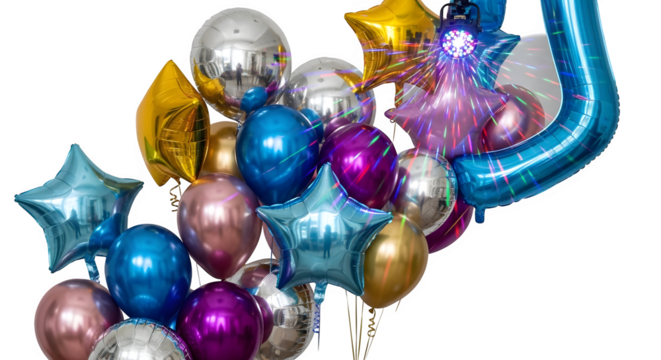 Collection of colorful metallic foil balloons in various shapes including stars and ovals isolated on transparent background