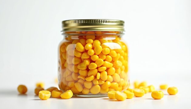 Glass jar filled with yellow corn kernels on a clean white surface. Some kernels are scattered around the base. The image emphasizes healthy food and ingredients.