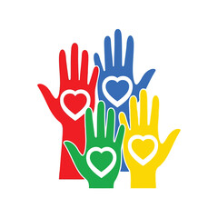 Diverse hands with hearts symbolizing love, unity, and support isolated on white background, Vector