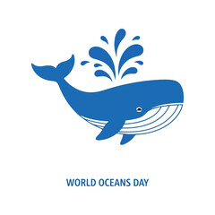 Blue whale spouting water celebrating world oceans day marine conservation illustration isolated on white background, Vector
