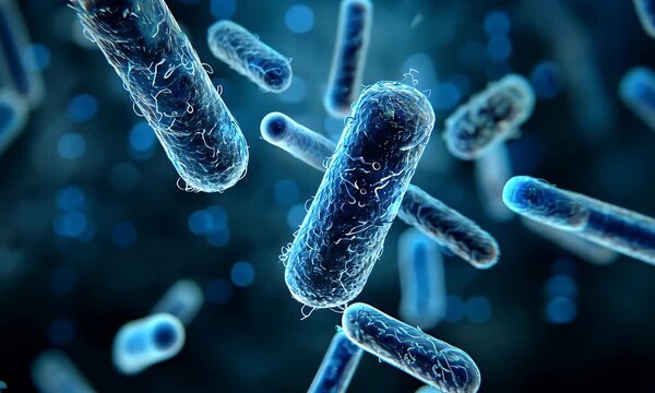 Microscopic view of rod shaped bacteria with flagella illuminated with blue light against a dark blurred background showcasing cellular structures and movement in a scientific context
