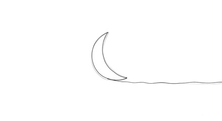 Elegant single line drawing of a crescent moon with a flowing wavy tail on a clean white background, symbolizing dreams and tranquility