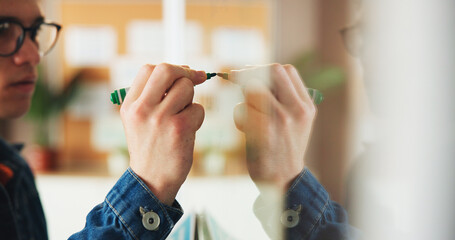 Branding, writing or marketer with glass wall in advertising agency, plan or target increase strategy. Marketing, promotion project or man with marker at board for awareness ideas, campaign or goals