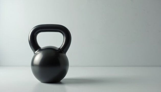 Single black kettlebell rests on white surface in studio. Fitness equipment for strength training and home workouts. Object for active lifestyle and body building.