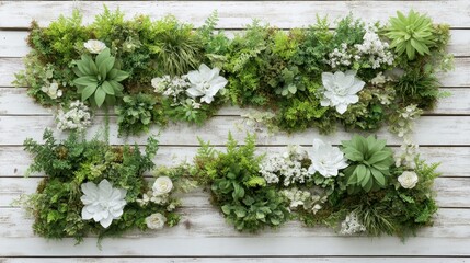 Fototapeta premium Lush green vertical garden wall with assorted plants and white flowers on a rustic wood background.