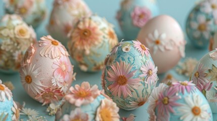 Close up of pastel colored easter eggs decorated with daisy flowers and foliage