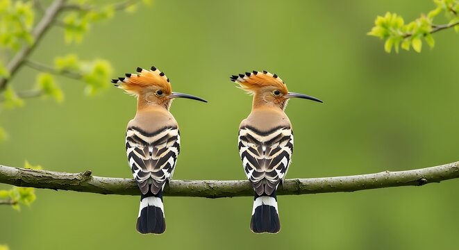 Two stunning hoopoe birds with striking crests perch on a slender branch in nature