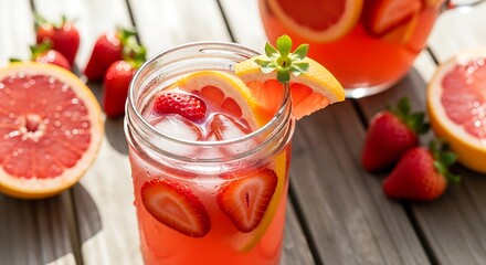 Refreshing Strawberry Grapefruit Drink with Fresh Fruit and Ice.