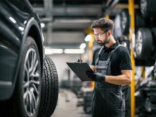 The Mechanic's Precise Inspection: A skilled mechanic in an auto repair shop diligently examines a vehicle's tire and wheel.