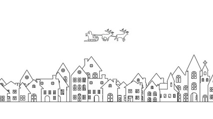 Loopable animation of christmas santa claus riding sleigh with reindeer flying over cityscape on lineart style isolated on white background. Concept of winter, holiday and new year. - Powered by Adobe
