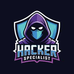 Hacker Specialist Esports Logo, Hooded Figure with Mask Mascot Logo, Purple and Teal Hacker Emblem, Cyber Security Esports Team Logo