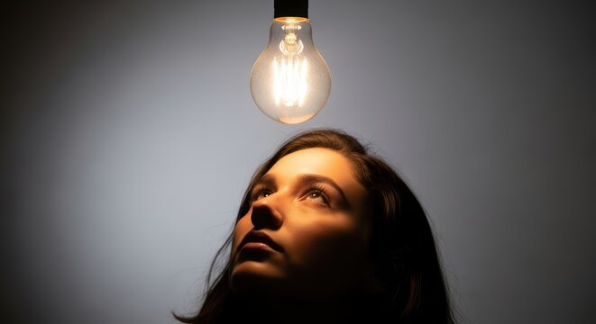 Young caucasian female gazing at illuminated light bulb in thoughtful ambiance