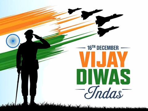 Indian soldier salutes as fighter jets fly past during vijay diwas celebrations