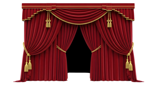 Elegant deep red velvet theater curtains with gold trim and tassels isolated on transparent background