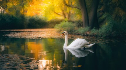 Serene Swan's Pond: A pristine white swan glides gracefully across a calm pond, its reflection mirrored in the water's surface, set against a backdrop of lush trees bathed in sunlight.