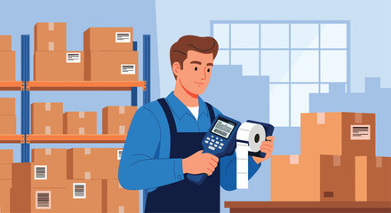Dedicated warehouse worker diligently scanning package labels with a handheld device for efficient inventory management