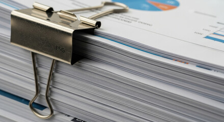 Gold binder clip holds stack of paper for esg financial reporting analyzing business network. close up shows detailed chart and data creating serious mood