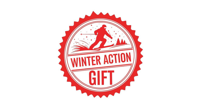 Dynamic winter action gift stamp with skier silhouette and snow splashes