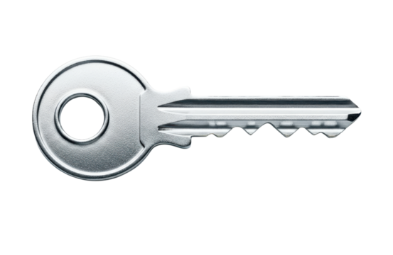 A silver metal key with a circular head and serrated teeth