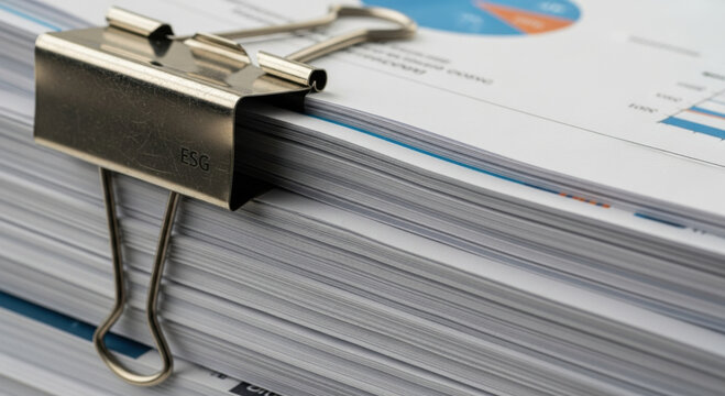 Gold binder clip holds stack of paper for esg financial reporting analyzing business network. close up shows detailed chart and data creating serious mood