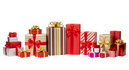 A collection of wrapped christmas presents in various sizes and patterns