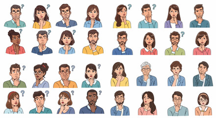 People thinking and pondering with questioning expressions